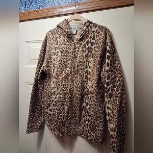 Jones New York Brown Leopard Print Full Zip Hoodie Jacket